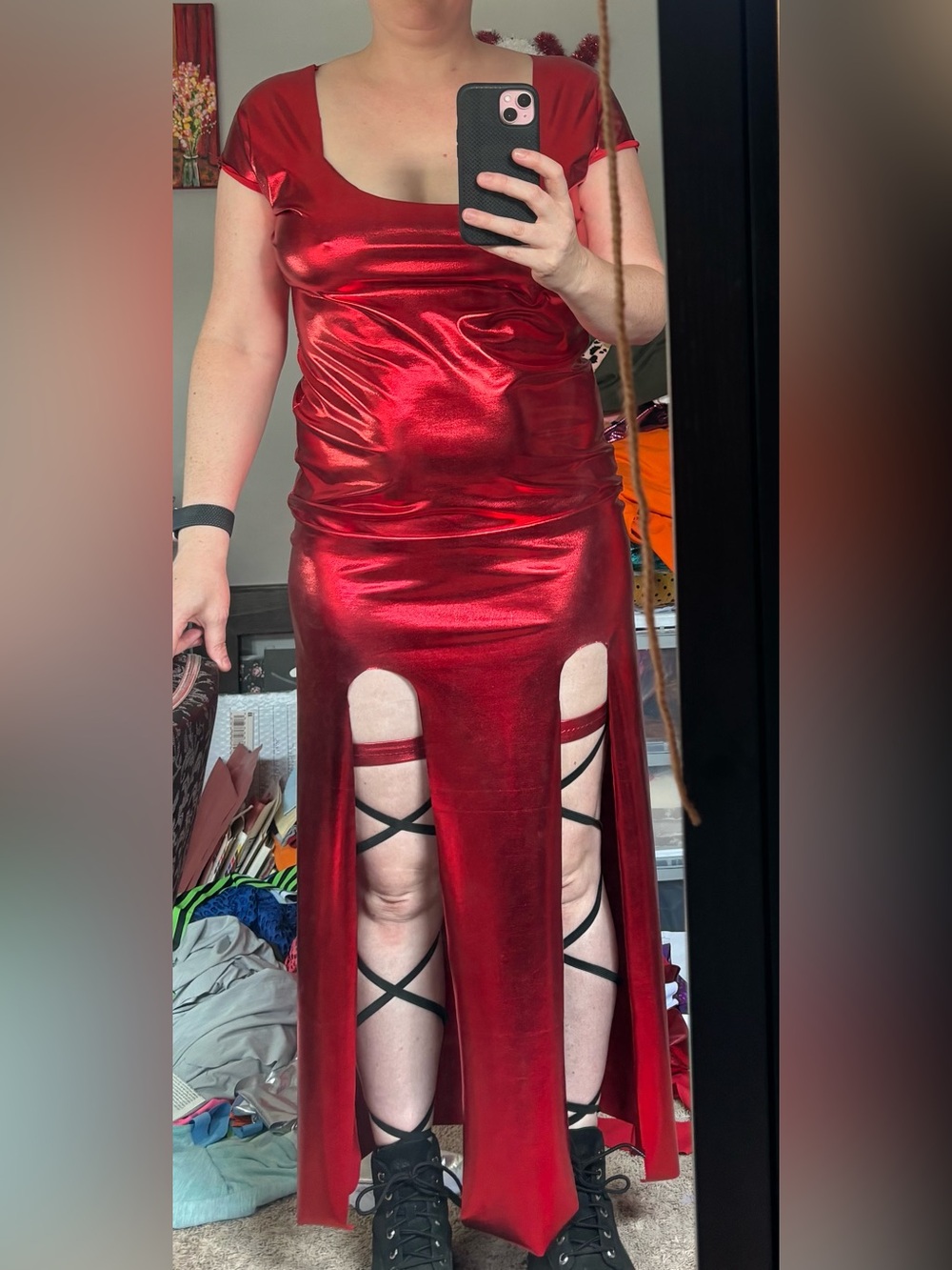 Red Metallic Split Maxi Dress - Women's dress & elasticized garters